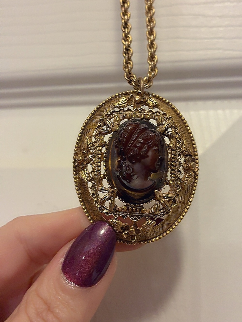 Gold Cameo Pendant Necklace with Brown Resin Cameo